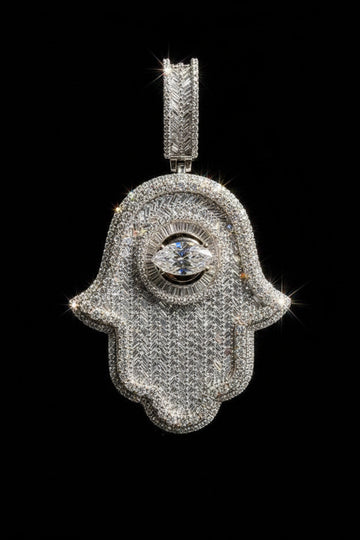 Iced Out Hamsa Hand Evil Eye Pendant – Silver Moissanite Diamond