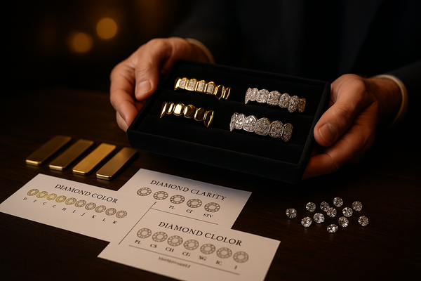 High-end close-up image of a jeweler’s hands holding multiple custom grillz and diamond settings on a velvet tray, assorted gold and platinum metal samples, diamond color and clarity charts on the table, elegant black background with golden light accents, shallow depth of field for a luxurious feel, hyper-realistic photography, studio lighting