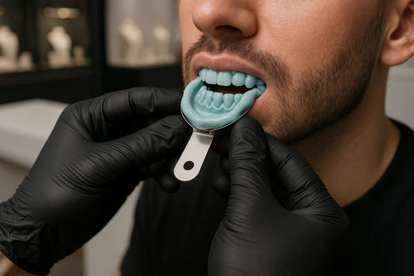 lose-up of a jeweler carefully taking a dental mold impression for custom grillz — hands wearing black gloves, high-quality silicone mold kit, modern well-lit studio environment, blurred display cases in background, realistic skin tones and textures, premium editorial photo style, 8K resolution.