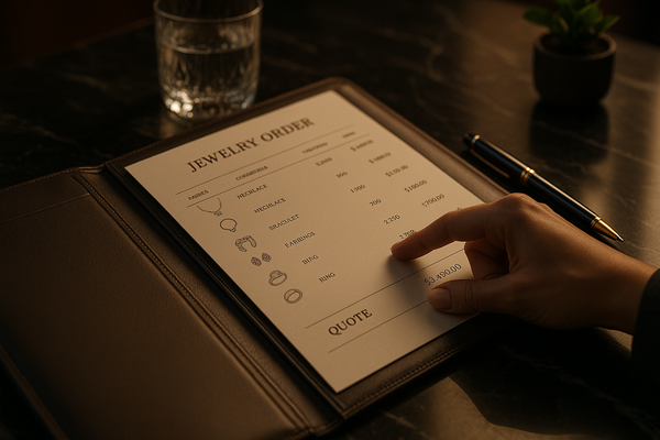 Photorealistic image of a premium desk scene — open leather portfolio with a detailed jewelry order sheet, pen with gold accents, jeweler’s hand pointing at the price quote, glass of water and plant in blurred background, black marble tabletop, modern luxury ambiance, cinematic lighting, crisp 8K detail.