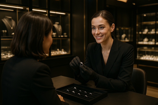 Ultra-realistic photo of a luxury jewelry consultation scene — a professional jeweler in a sleek black outfit sitting across from a client in a premium boutique showroom, modern black-and-gold interior, glass counters with sparkling jewelry in the background, warm ambient lighting, focus on friendly interaction, cinematic depth of field, 8K resolution, editorial photography style.